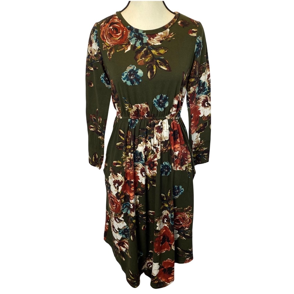 JessaKae Floral Midi Dress Womens‎ Small Olive Green Long Sleeve Boho Autumn Y2K